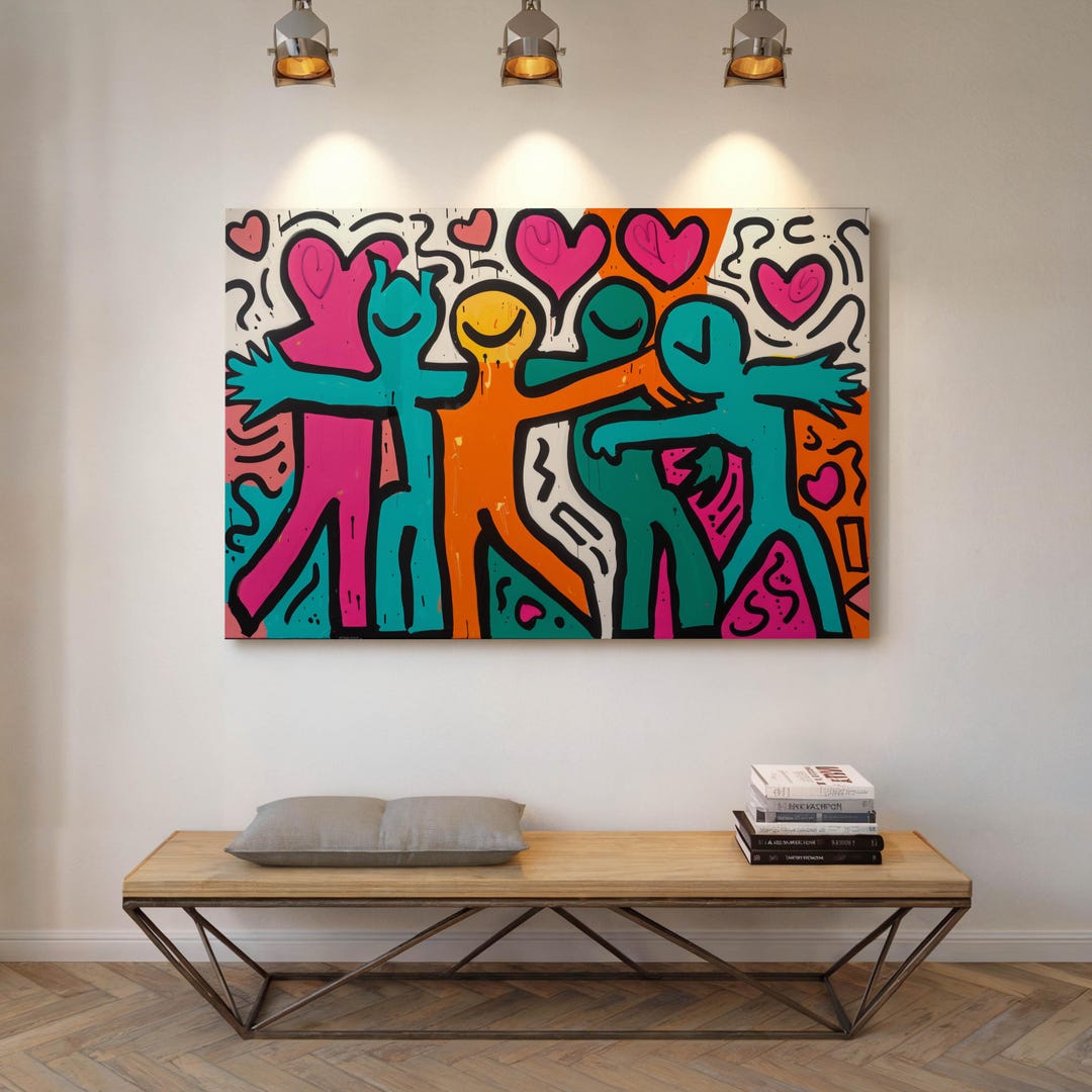 Keith Haring Inspired Hugging Couple Wall Art – Colorful Love