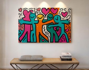 Keith Haring Inspired Hugging Couple Wall Art – Colorful Love