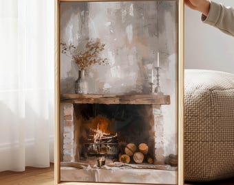 Quadro natalizio con camino su tela – Stampa rustica da parete per un'accogliente decorazione invernale della casa