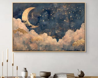 Muurkunst Celestial Moon – Dromerige nachtelijke hemelprint met gouden sterren en wolken