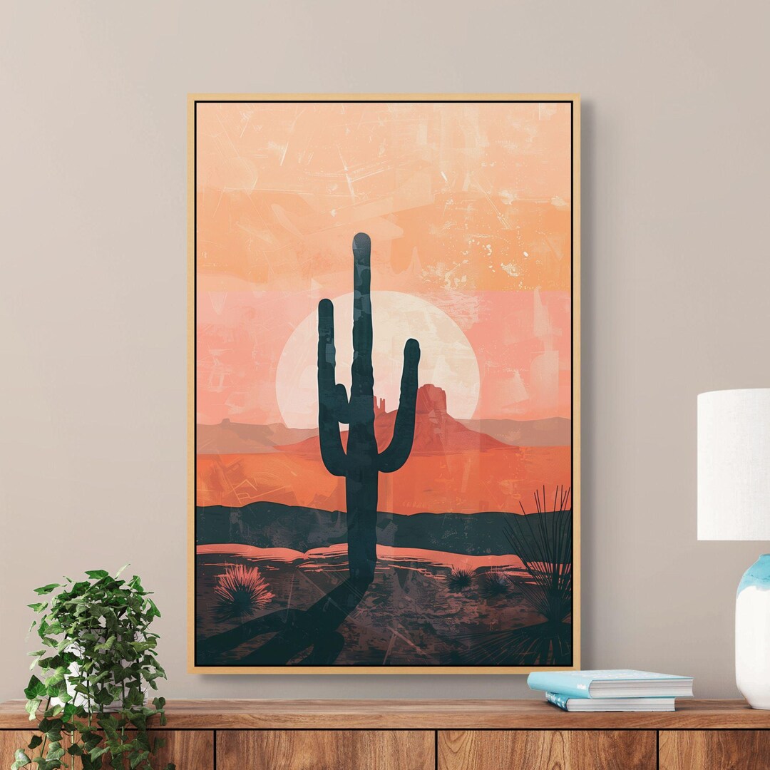 Desert Sunset Wall Art – Retro Cactus Canvas Print for Southwest Decor ...
