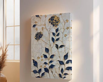 Floral Ceramic Wall Art – Navy and Gold Botanical Tile-inspired