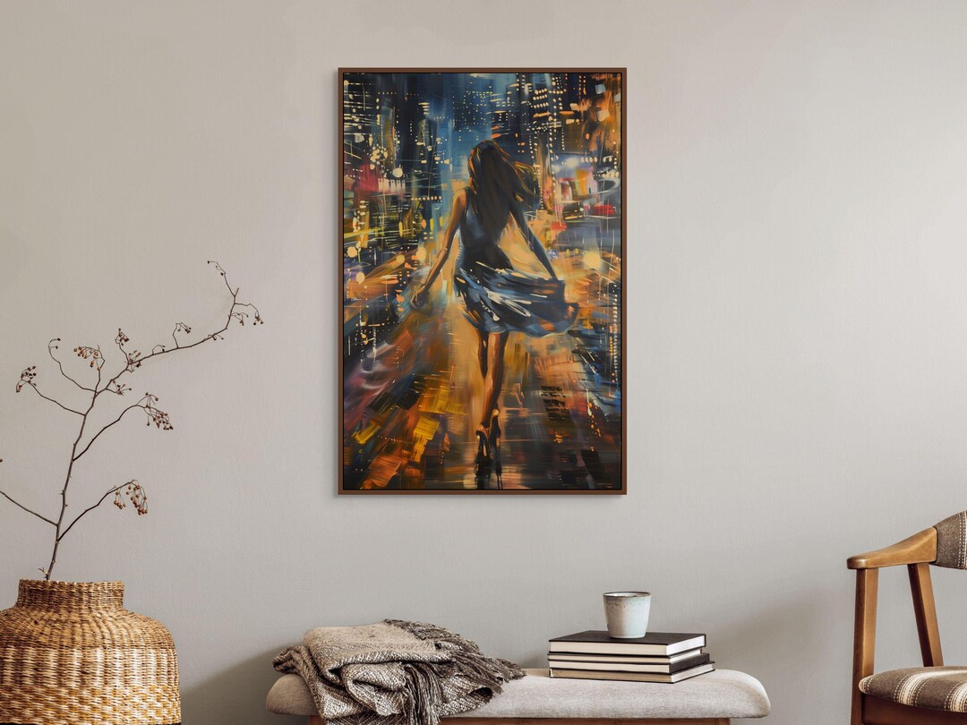 City Night Woman Wall Art – Romantic Urban Canvas Painting for Modern ...