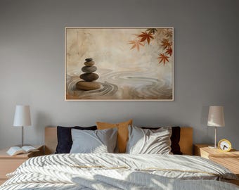 Zen Stones Wall Art – Beige Minimalist Canvas for Spa or Meditation Room Decor