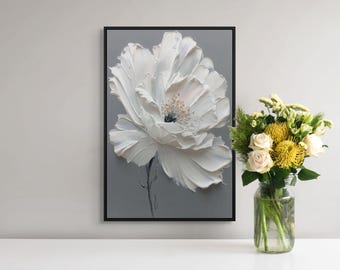 White Textured Flower Canvas Wall Art – Modern Impasto Print for Living Room Decor