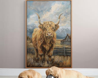 Lámina de pared de vaca de las Tierras Altas: decoración rústica de animales de granja para hogares de estilo occidental