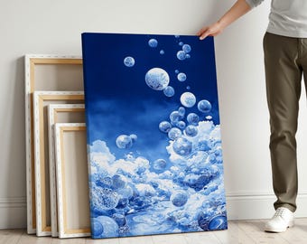 Cuadro decorativo de pared con diseño de burbujas de ensueño: estampado azul y blanco para la decoración del baño.
