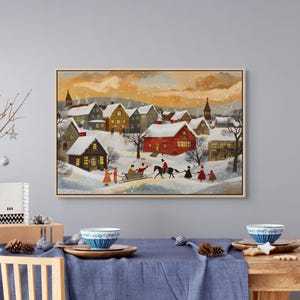 Lienzo vintage de pueblo navideño: acogedor arte de pared nevado para la decoración navideña del hogar.