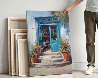 Blue Cafe Canvas Wall Art – Colorful French Print for Kitchen Decor