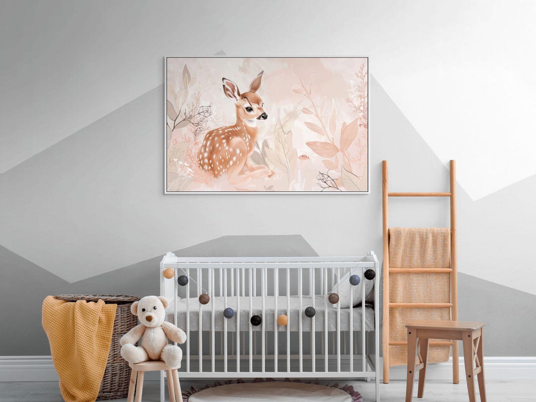 Blush Woodland Nursery Wall Art – Soft Pink Fawn Canvas Print for Baby ...