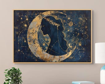 Mystic Moon Goddess Canvas Art – Celestial Print for Boho Room Decor