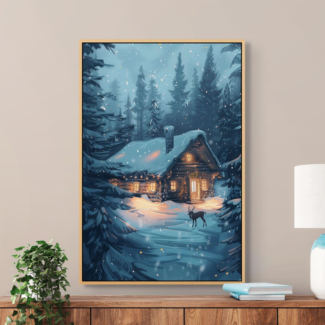 Winter Cabin Wall Art – Snowy Forest Lodge Canvas Print for Cozy ...