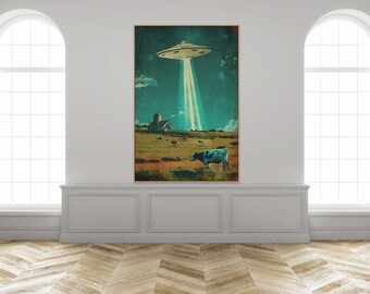 Impresión en lienzo retro de abducción de ovnis – Arte de pared de granja verde azulado