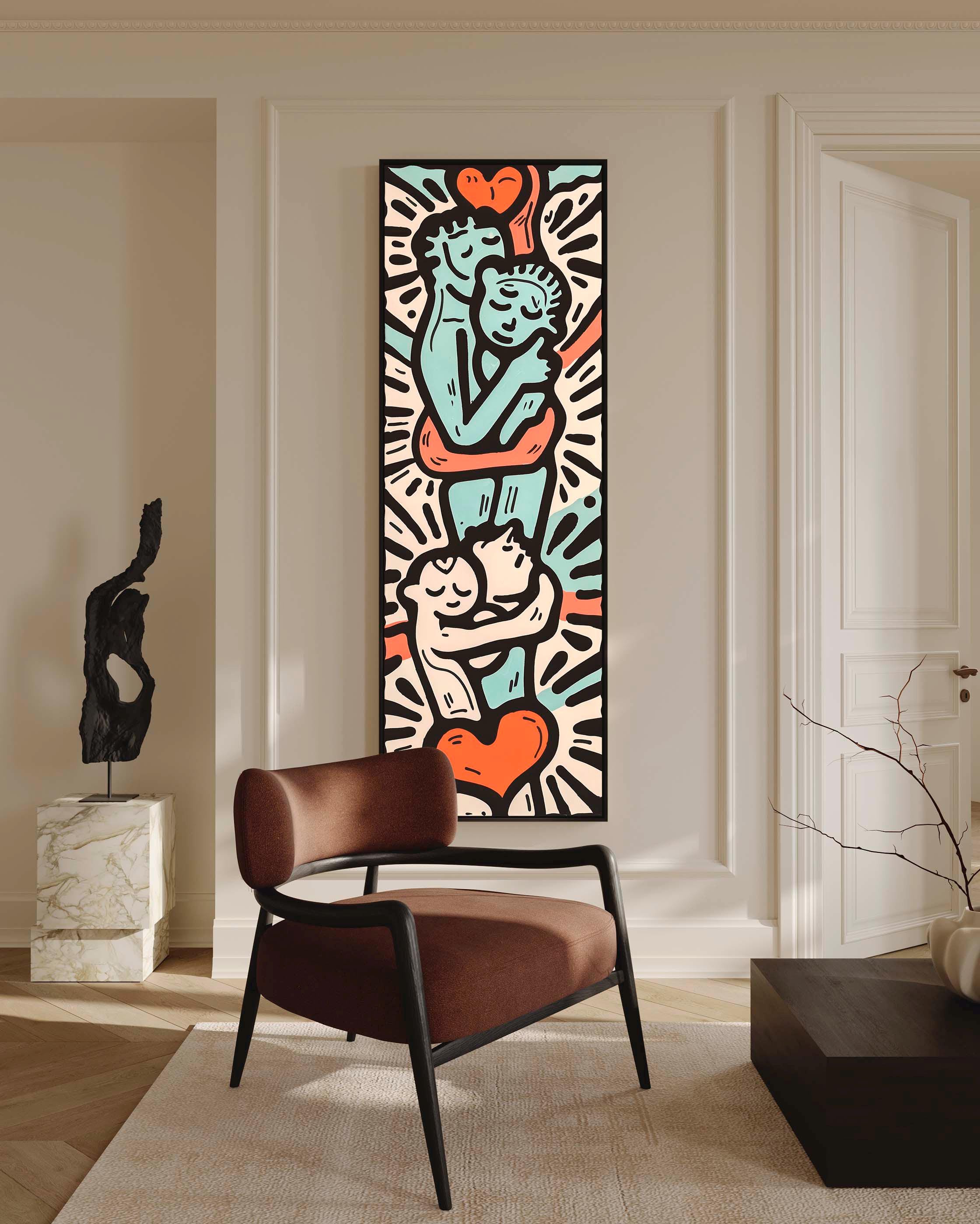 Keith Haring Inspired Hug Wall Art, Tall Vertical Canvas Print for