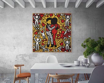 Keith Haring Inspired Love Canvas, Bold Yellow Wall Art for Living Room Decor