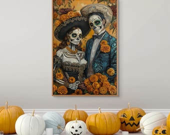 Day of the Dead Paar Leinwanddruck - Sugar Skull & Ringelblumen Druck
