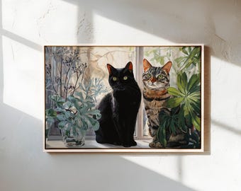 Two Cats Canvas Wall Art – Green Window Print for Cozy Living Room or Kitchen