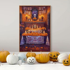 Dia De Los Muertos Altar Wall Art – Mexican Ofrenda Canvas Print with Marigold & Candles