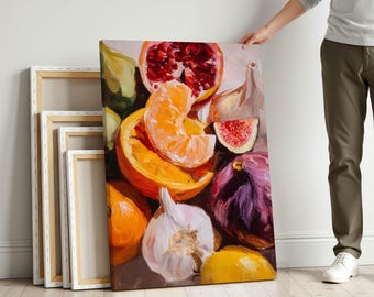 Colorful Kitchen Canvas Wall Art – Rustic Fruit Print for Dining Room Decor