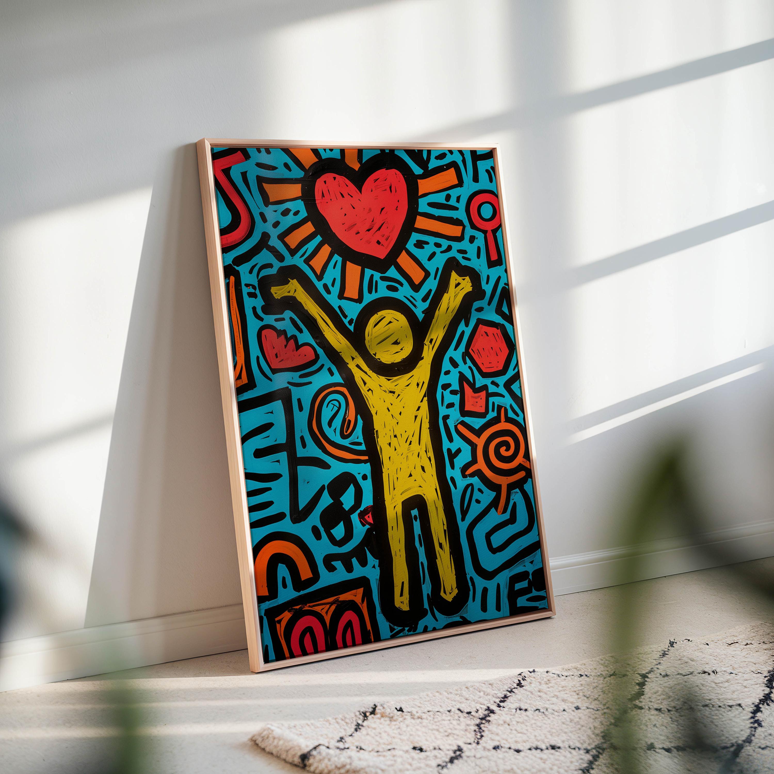 Keith Haring Inspired Colorful Canvas Art, Bright Wall Decor for