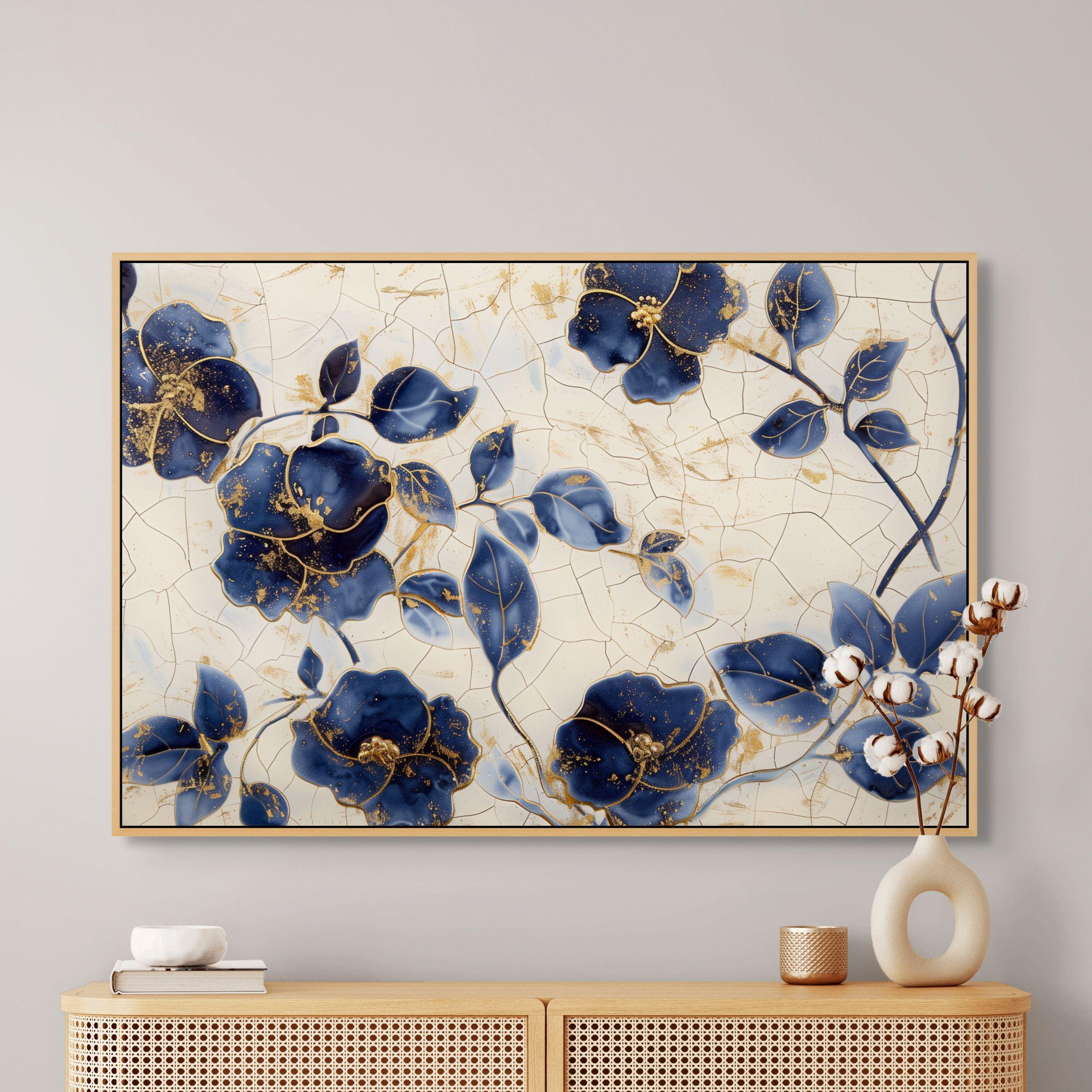 Navy Floral Canvas Art – Blue and Gold Ceramic Crackle - Etsy