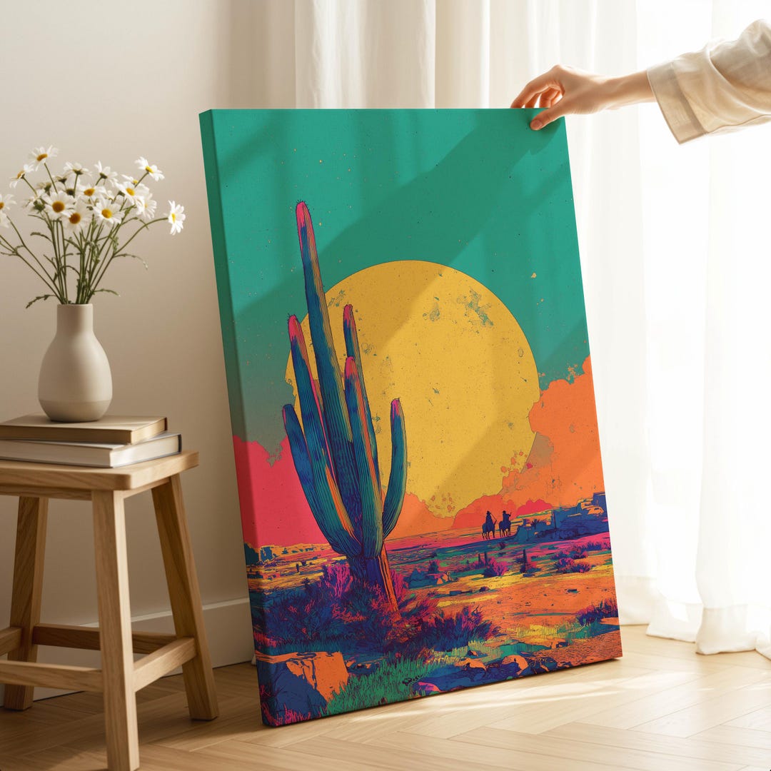 Saguaro Cactus Wall Art – Retro Western Sunset Canvas for Living Room ...