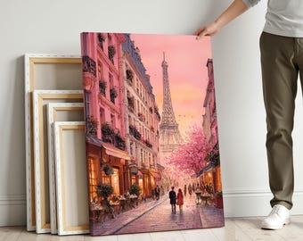 Lienzo impreso de cerezos en flor de París – Arte callejero de la ciudad al atardecer en tonos rosados, ideal para regalar en San Valentín.