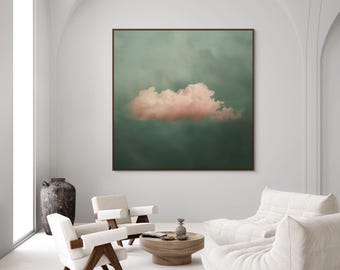 Arte mural de nubes rosas: lienzo cuadrado verde para decoración bohemia o artística.