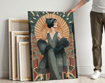 アールデコ調の女性を描いたキャンバスウォールアート – 寝室やドレッシングルームの装飾に最適な、1920年代の魅力的なプリント