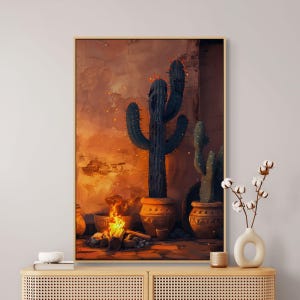 Tela de cactos do sudoeste – Arte de parede com uma noite quente no deserto, com luz de fogo e vasos de barro