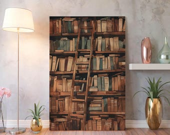 Vintage Library Wall Art – Cozy Bookshelf Canvas for Home Decor Lovers