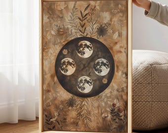 Wandbild mit Mondphasen – Botanischer Boho-Leinwanddruck für spirituelle Wohndekoration