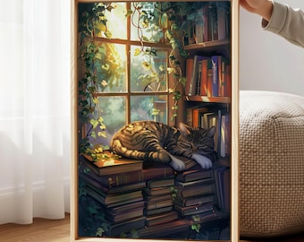 Gemütliches Katzen- und Bücherregal-Kunstwerk – Wanddekoration im Cottagecore-Stil für eine Bibliothek mit sonnendurchflutetem Fenster