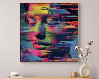Glitch Portrait Canvas Wall Art – Neon Abstract Cyberpunk Digital Painting