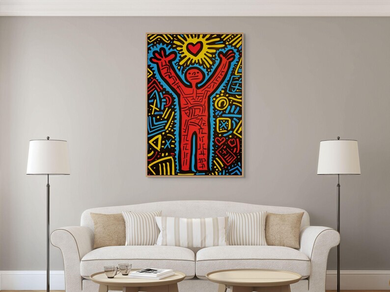 Lienzo rojo inspirado en Keith Haring, decoración de pared llamativa para oficina o estudio imagen 4