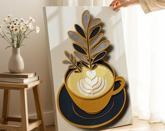 Latte Art Canvas Wall Art – Mustard Blue Print for Modern Coffee Nook Decor