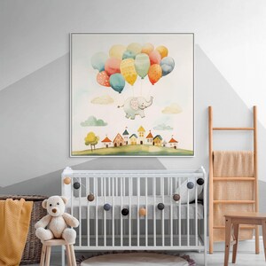 風船を持った象のキャンバスプリント：子供部屋にぴったりの、遊び心