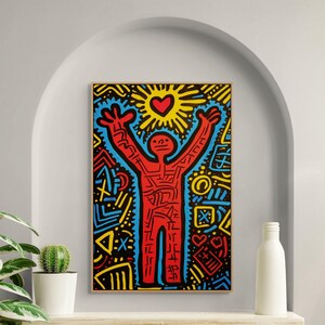 Lienzo rojo inspirado en Keith Haring, decoración de pared llamativa para oficina o estudio imagen 6