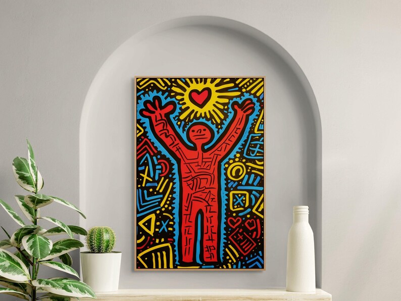 Lienzo rojo inspirado en Keith Haring, decoración de pared llamativa para oficina o estudio imagen 6