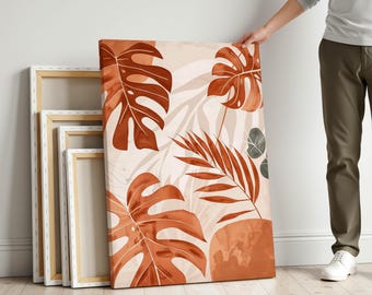 Terracotta Botanical Canvas Wall Art – Minimal Leaf Print for Modern Room Decor