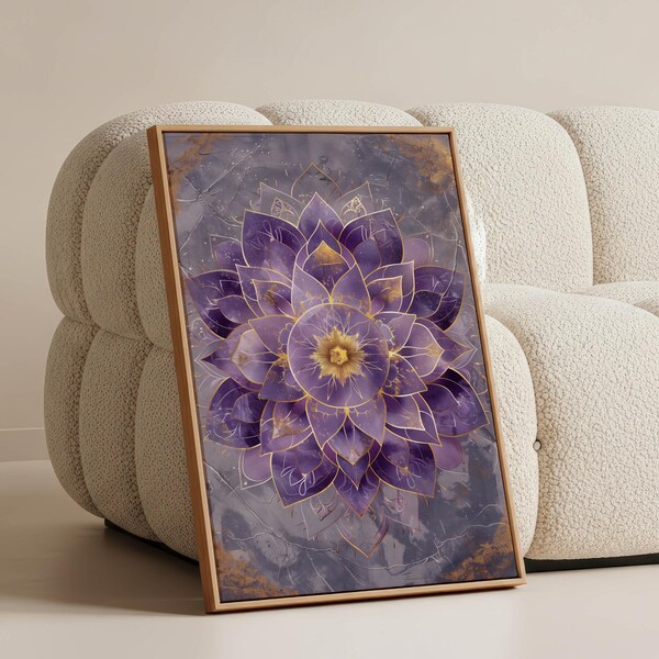 Purple Lotus Mandala Canvas Print – Spiritual Crown Chakra Wall Art with Gold Accents