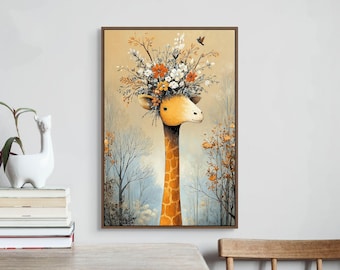 Lienzo decorativo con diseño de jirafa floral: una impresión de jungla caprichosa para la decoración de la habitación de un bebé.