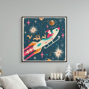 Retro Santa Rocket Canvas – Mid-Century Christmas Wall Art with Space Holiday Vibes