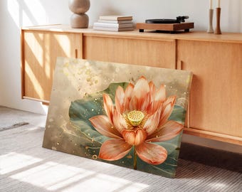 Lienzo de flor de loto dorada – Arte mural zen bohemio con diseño floral espiritual