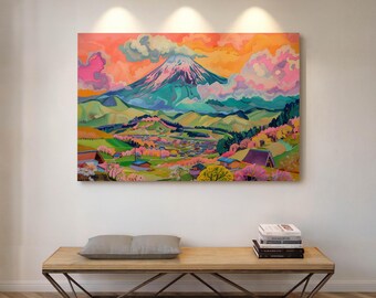 Colorful Landscape Canvas Wall Art – Japanese Fuji Mountain Print for Modern Living Room Decor