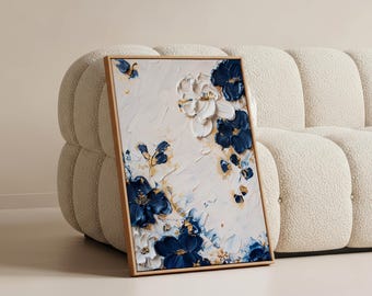 Floral Ceramic Wall Art – Navy and Gold Botanical Tile-inspired