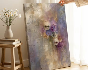 Macabre Bloom Skull Canvas Print – Soft Grunge Artwork for Unique Bedroom Decor