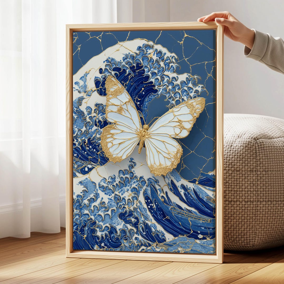 Kintsugi Butterfly Canvas Wall Art – Blue Gold Ocean Wave Print for ...