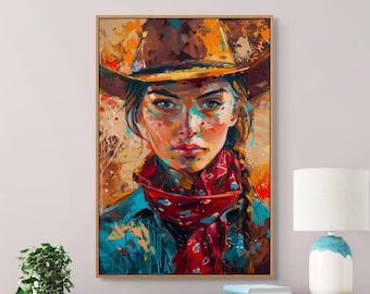 Cowgirl Canvas Wall Art – Bold Western Portrait Painting for Rustic Decor