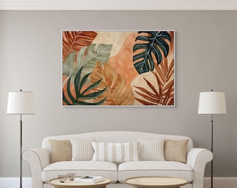 Canvas muurkunst met terracottabladeren – moderne bohoprint voor woonkamerdecoratie